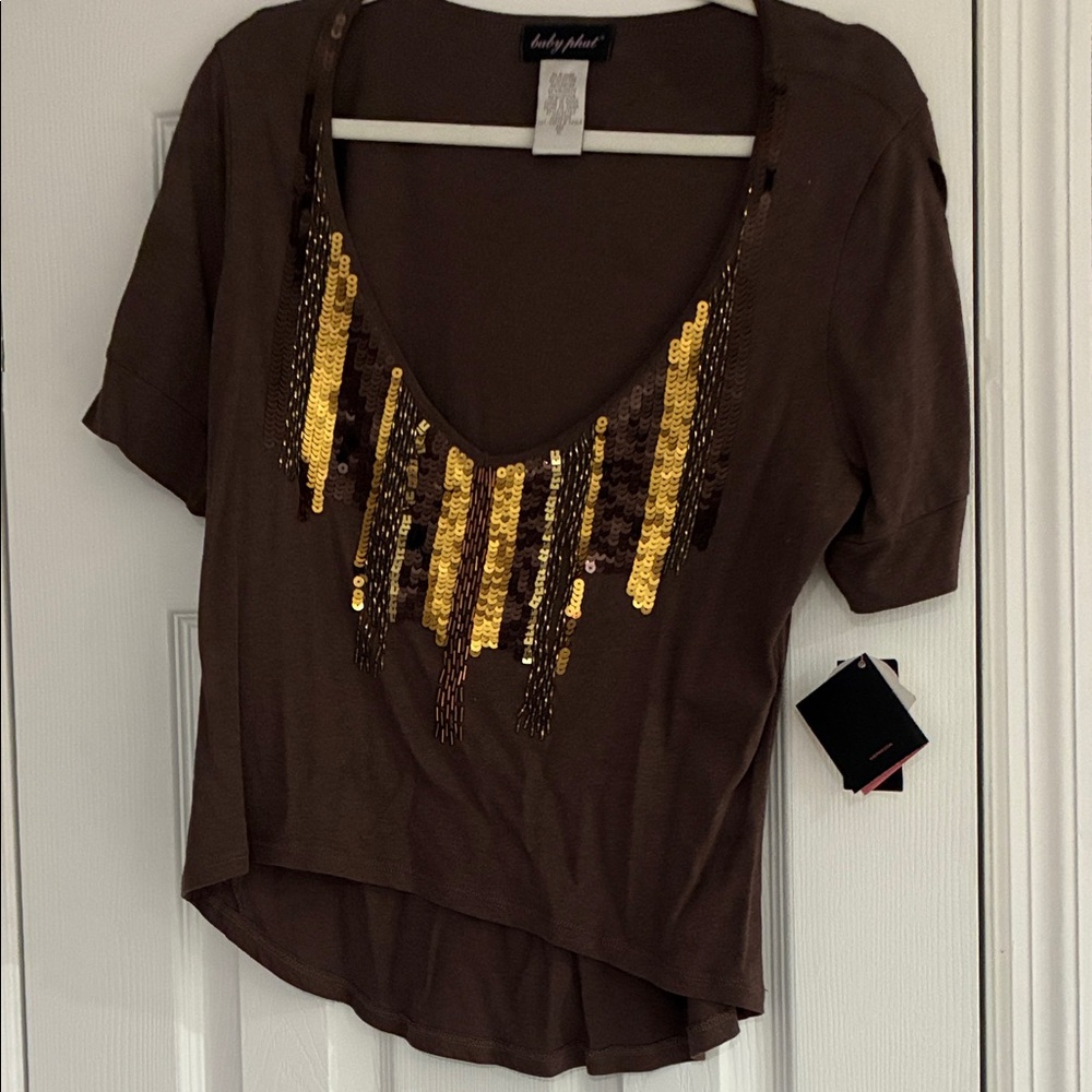 Lucky Brand Brown Top with Gold Sequins